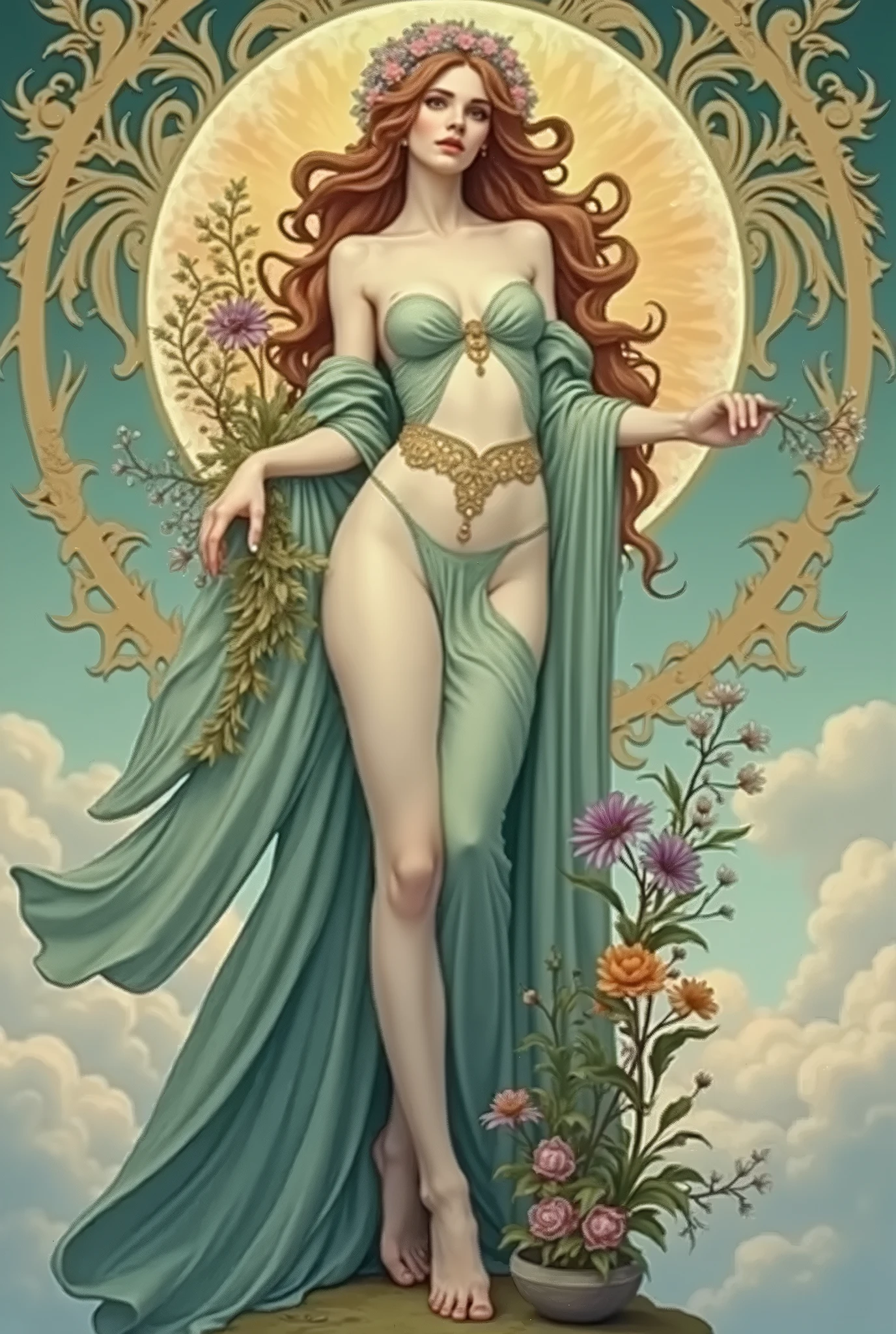 An ethereal feminine figure, personifying nature, with long hair flowing in soft, elegant curves that blend with vines, flowers and leaves. The goddess's body may be interwoven with plants that follow the sinuous and ornamental lines typical of Art Nouveau, creating an effect of continuity and natural movement.
The flowers may include lilies, roses or poppies, all drawn in intricate detail, with stems and petals forming circular patterns around the figure. In her surroundings, small animals, like birds or butterflies, podem estar presentes, following the flow of the design.
The color palette can be soft and natural, com tons de verde, golden and lilac, capturing the essence of Art Nouveau style, with a sense of harmony, Beauty and connection with nature.