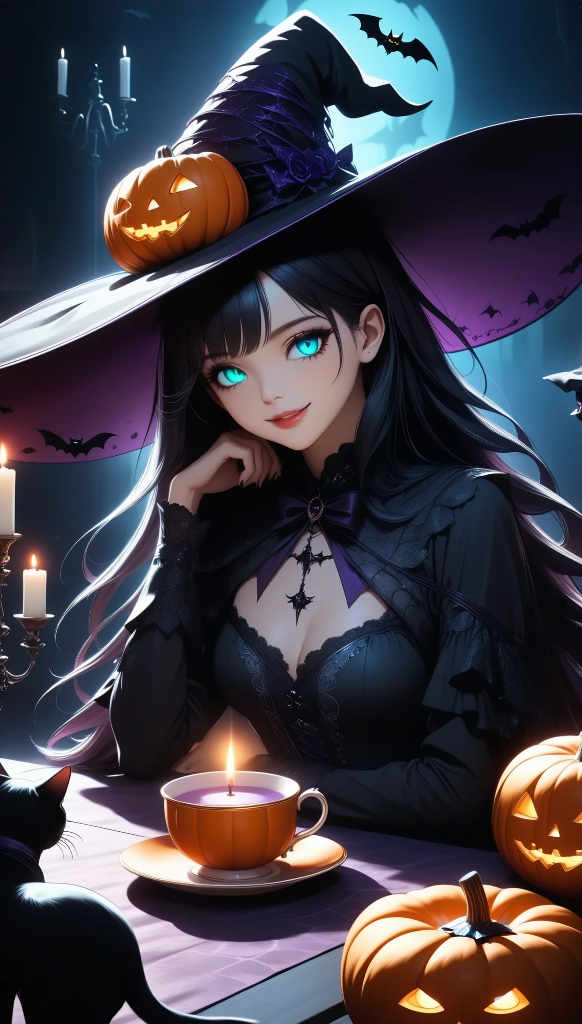  Witch Having a Halloween Tea Party、smile、Detailed face、Detailed eyes、Detailed lips、Long Hair、Detailed Hair、Detailed clothing、 Detailed Teacup and Saucer 、 Intricate Teapot 、candlestick、Pumpkin、Spiderweb Table 、Black Cat、Moody lighting、(Best Quality:1.2、 very detailed 、 super high definition、 high contrast 、 Anime style 、 detailed CG illustration、masterpiece:1.2、Best aesthetics)、  Dark Fantasy 、 dramatic lighting 、Neon Effect:1.2、Rich colors、Gothic、  Dramatic Shadows 