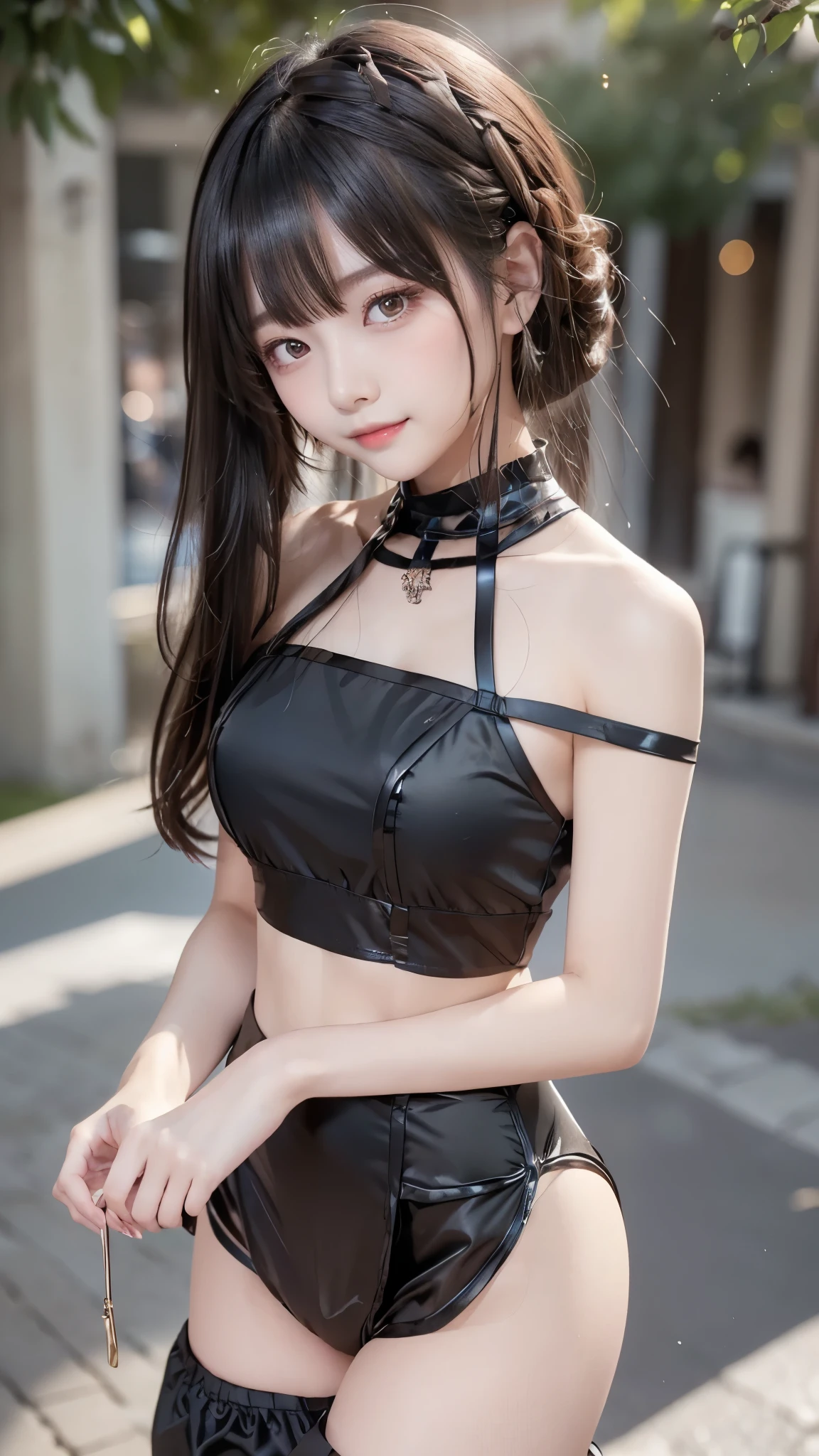(Best Quality,masterpiece:1.3, super high definition),(Super detailed, caustics ,8k),(Realistic:1.4,RAW shooting), 1 girl,(Smiling and looking down at the camera),( front shot:1.1),(Look forward),18 years old,,Young Face,Japanese,short black ponytail,  school uniform , slender body line , glamorous,(big),( close),(Beautiful breasts,Bust Emphasis),street,Sunshine,Natural Light,(Backlight),( a bright light shines from behind),( lens flare),  professional lighting ,( cowboy shots),(Low position:1.2),(Low angle:1.2),( detailed eyes and faces that resist tentacles:1.2, Professional photography),(Small and slender figure),( toned waist ),Beautiful small face, beautiful eyes,double eyelid,High nose,Moisturizing Lips,Natural Lip Gloss, (Detailed hands:1.3, Perfectly right move:1.1)