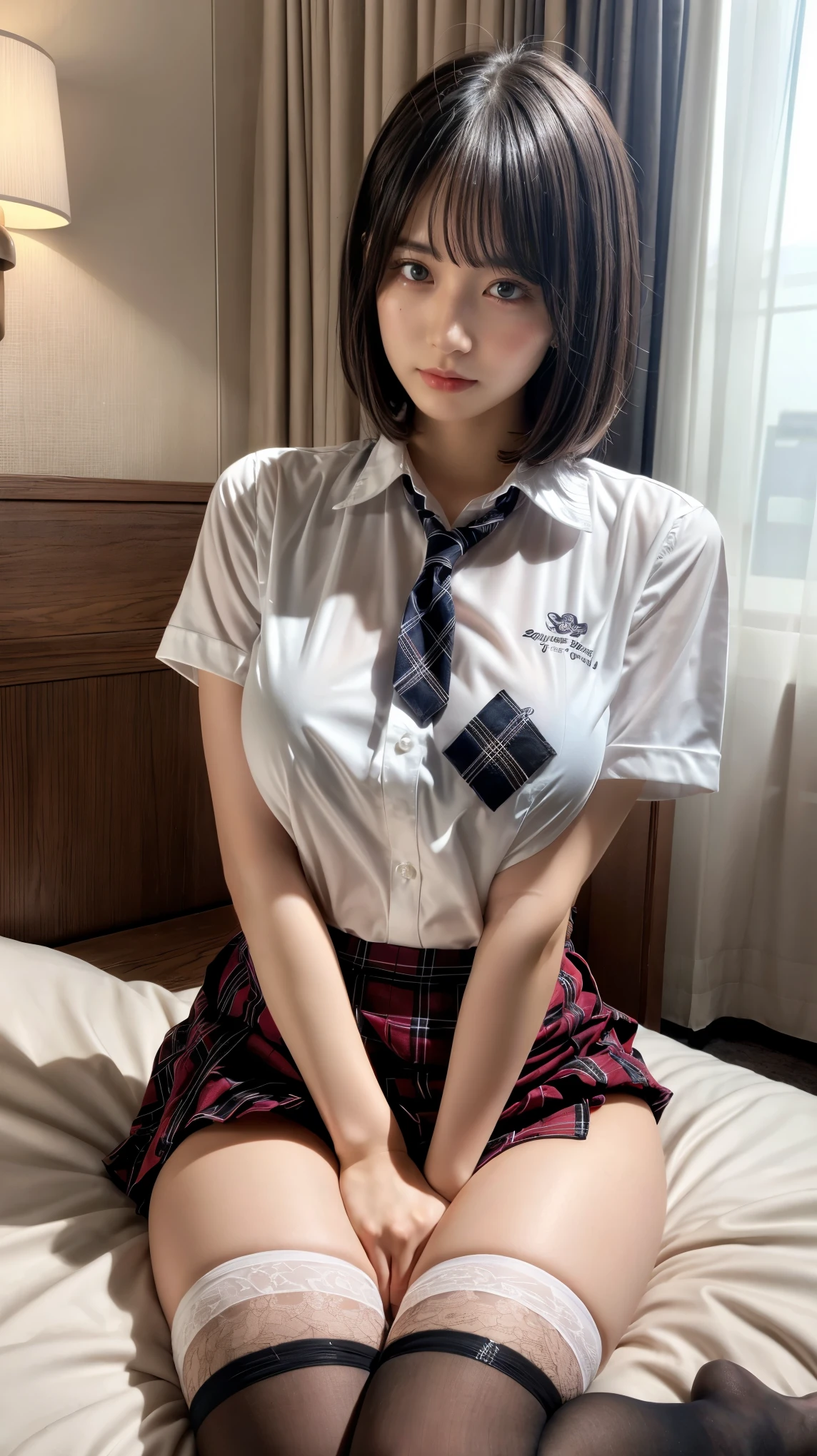 masterpiece, best quality, illustration, Super detailed, fine details, High resolution, 8K,wall paper, perfect dynamic composition,(Details High quality, realistic depiction of eyes:1.3), (white school shirt :1.2), (plaid skirt :1.3), tie black, black thigh-high stockings, sitting, open legs, short bob hair, in a hotel room in the background, deep on field, large breasts, black hair color, Big Natural Color Lip, (perfect body shape), crying a little、Harajuku style、20 year old girl、cute type、beautiful legs, Gravure Idol