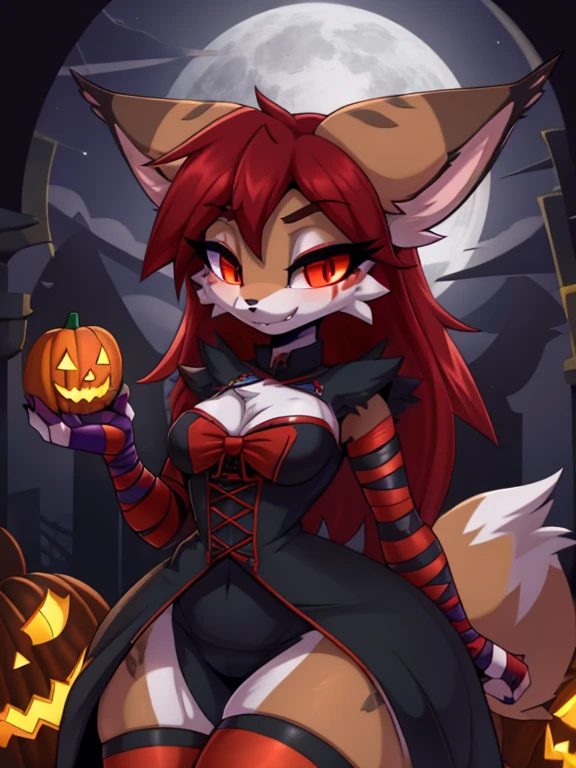  anthropomorphic fluffy lynx girl, ( dressed as a vampire ), halloween, (Night),   red hair ,hands in bandages, в баре в стиле halloween, In anime style, 