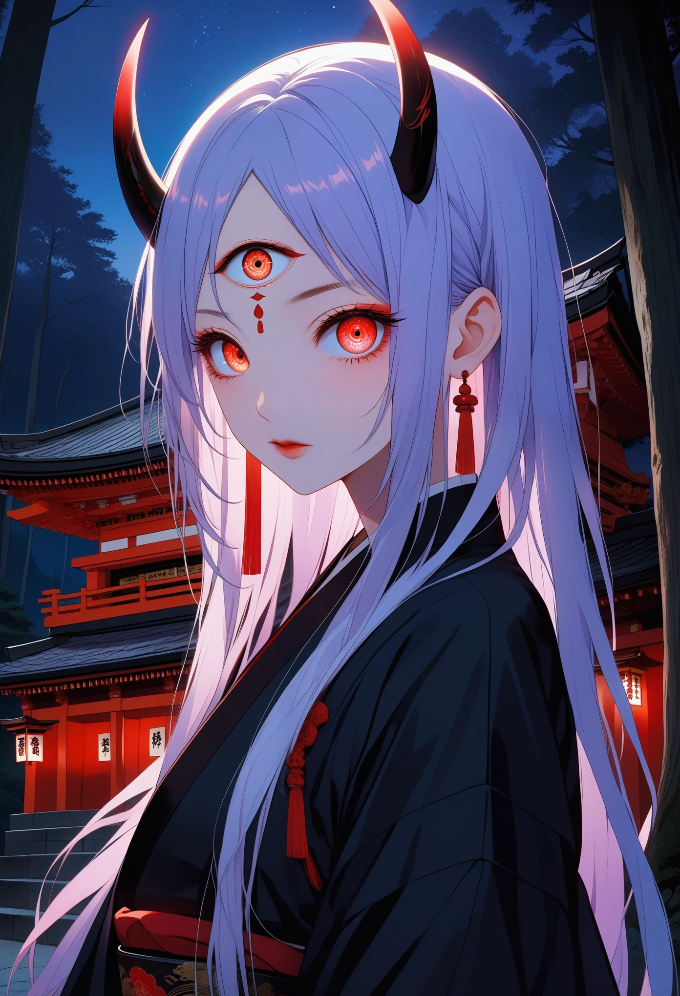 score_9, score_8_up, score_7_up, Japanese ONI-girl, (1girl, solo), 20years old, (upper body, portrait), white long hair, fore head, black ONI horns, (red eye, third eye, glowing eyes), black Kimono, looking at viewer, (forest, Japanese shrine, night sky)