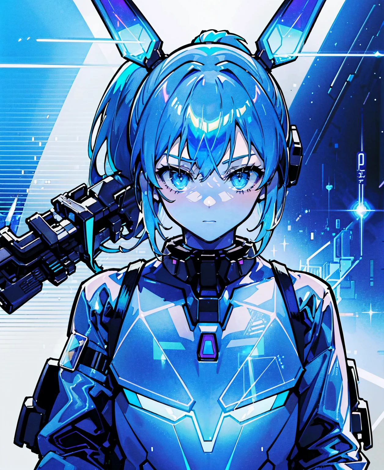1girl, solo, (adolescent:1.4), small breasts, dark blue hair with neon streak, mechanical headgear, expressive poses, bright LED, skin-tight chrome pilot suit, simple background.