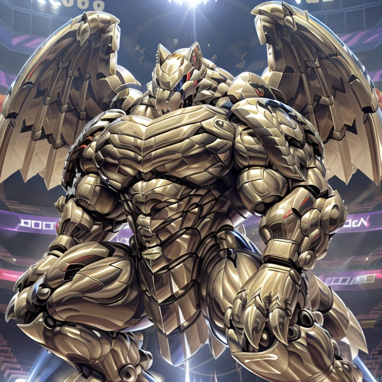 (freddy wolf, 8K), (freddy wolf's giant robot, Powered exoskeleton with the same design as freddy wolf), (Masterpiece, highres) (Detailed head, Detailed Body, Detailed abs, full body) (gigantic muscles, Gigachad Muscular, big muscle, pecs, triceps, traps, unusually developed muscular body, body full of huge muscles. showing off muscles, pectorales enormes, Exaggeratedly huge muscles.) (nj5furry, The claws are sharp, Sharp teeth, sharp claws), (long legs), (Spread wings, It has wings, have big wings, golden wings), (Wrestling, wrestler, the bodybuilding), (It has wings, whole body shines like metal, Wearing cyberpunk mecha, emphasizes the muscles, suit fully made of metal, intricate armor, Robotic suit, suit fully made of metal, cyborg), menacing pose, The whole body is golden. no face. BULK UP. The whole body is golden. wearing a full-face helmet. no blue. no red. A pose that shows off your muscles. no face.  The face is hidden inside the helmet and cannot be seen.