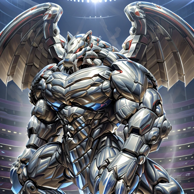 (freddy wolf, 8K), (freddy wolf's giant robot, Powered exoskeleton with the same design as freddy wolf), (Masterpiece, highres) (Detailed head, Detailed Body, Detailed abs, full body) (gigantic muscles, Gigachad Muscular, big muscle, pecs, triceps, traps, unusually developed muscular body, body full of huge muscles. showing off muscles, pectorales enormes, Exaggeratedly huge muscles.) (nj5furry, The claws are sharp, Sharp teeth, sharp claws), (long legs), (Spread wings, It has wings, have big wings, golden wings), (Wrestling, wrestler, the bodybuilding), (It has wings, whole body shines like metal, Wearing cyberpunk mecha, emphasizes the muscles, suit fully made of metal, intricate armor, Robotic suit, suit fully made of metal, cyborg), menacing pose, The whole body is golden. no face. BULK UP. The whole body is golden. wearing a full-face helmet. no blue. no red. A pose that shows off your muscles. no face.  The face is hidden inside the helmet and cannot be seen.