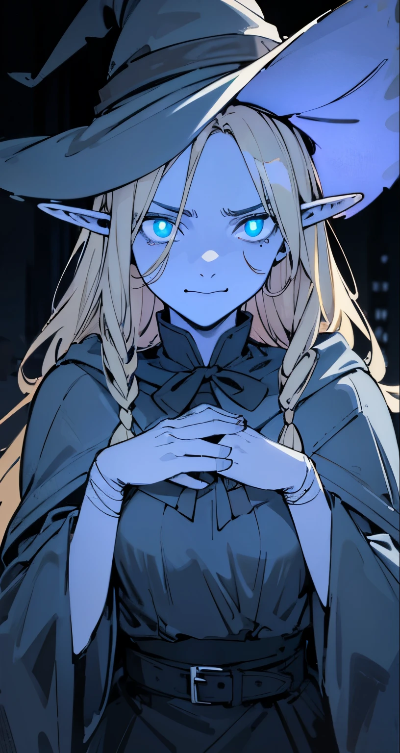 { 4k wallpaper : illustration : beautiful detailed eyes : extremely detailed face : perfect lighting : extremely detailed CG } { half-monochrome filter }{ horror gloomy atmosphere} { dark horror theme } { in a dark  room } { possessed Marcille : long elegant blonde hair : elf  : glowing blue eyes :  : perfectly shape breast : perfectly smooth fit  body : cute face :  :  : looking at viewer : smug : devious smile : } { Witch_academy_outfit : witch_hat } { smooth : }