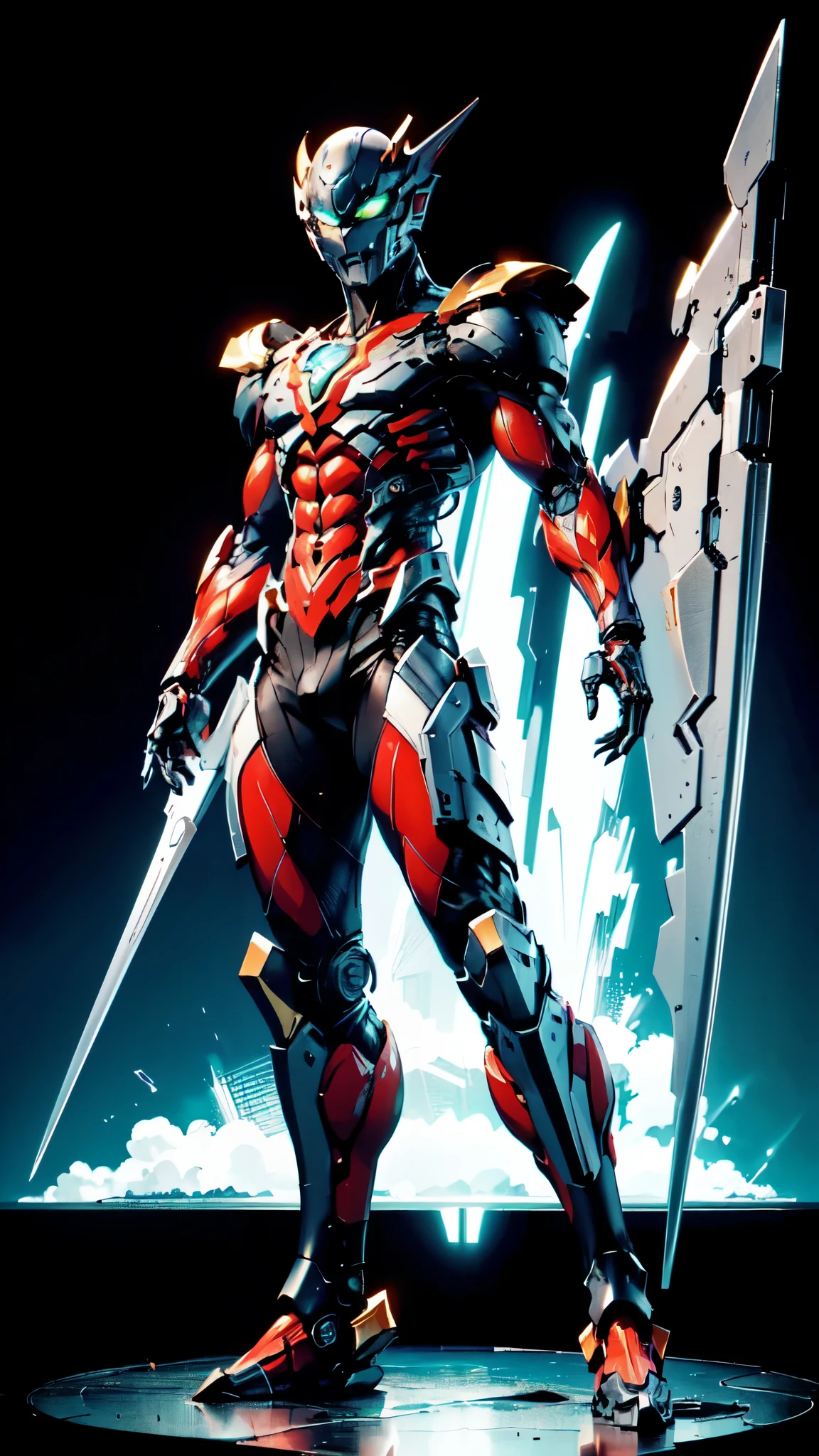(masterpiece:1.5, best quality:1.5, extremely delicate:1.5, foreshortening:1.5, dynamic angle:1.5), ((male:1.5)), Biomimetic humanoid Mecha, green eyes, fully enclosed shoulder guards, matching arm and leg guards, gemstone, full body, full armor, the design balances heavy with agility, organic biotech armor, (the color scheme is primarily White with Blue and Red accents, concept Inspired by Vampire, glowing eyes, the armor glows), standing, floating high above the futuristic sci-fi city, a finely crafted Super robot in anime style, exquisite and mature art style, metallic, dramatic, high definition, highres, ultra-detailed, ultra-fine painting, professional, anatomically correct, symmetrical face, extremely detailed eyes and face, high quality eyes, creativity, RAW photo, UHD, 32k, Natural light, cinematic lighting, (masterpiece-anatomy-perfect:1.2)