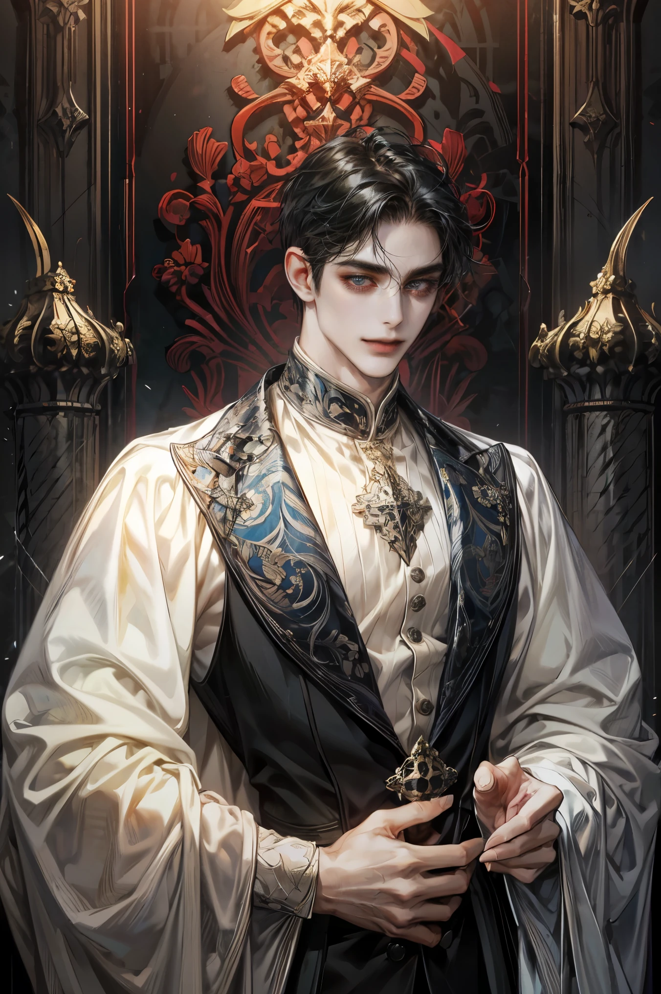 (Absurdres, Highres, Ultra Detailed, HDR)
Best quality picture of a detailed character with handsome looks, korean face, short unruly red hair, white eyes without pupils, grinning face, strong physique. Beautiful hands
Intricate and detailed outfit made of flowing silk.,
Detailed garden background, burgundy roses, dark elegant
Art kenouji
Tim Burton theme.
Intricate details.
Masterpiece