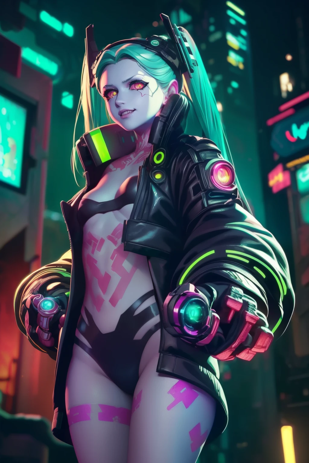 Rebecca, 1girl, young girl, (((showing hands:1.4))), futuristic cyberpunk, lewd grin, (twin tail, hairband, colored sclera, red sclera, green hair, green pupils, fang, red eyes, wearing a little sexy clothes, black croped jacket ), ((skinny body)) . cinematic, ultra highly detailed, beautiful details, vivid, saturated colors, filigree detailed, tiny details, pop surrealism, cowboy shot. hyper-realistic style, highly detailed textures, reflective and glossy surfaces, cinematic lighting, neon lights reflecting off her skin, urban cyberpunk cityscape in the background, (vivid colors), (high contrast), (sharp focus), (bokeh effect in the background), (moody atmosphere), (digital painting style), (masterpiece: 2), best quality, ultra highres, original, extremely detailed, perfect lighting. (((Abandoned cyberpunk background )))