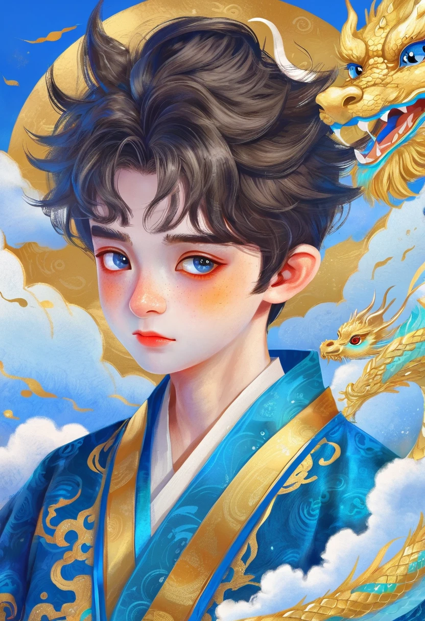 Hand-drawn style：粗糙的Texture，1 boy，Fluffy short hair，Big eyes。，Hanfu，cloud，dragon，Beautiful details，Texture，Blue and Gold