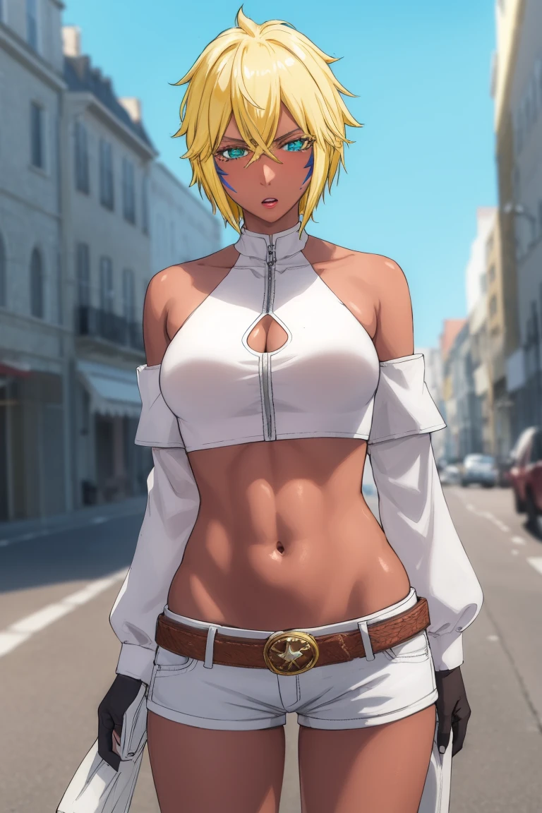 halibeltier, halibel tier, short hair, blonde hair, green eyes, dark skin, dark-skinned female, facial mark,medium breast,
BREAK black choker, off shoulder, cropped jacket, white jacket, long sleeves, midriff, belt, black shorts, short shorts, single thighhigh, fishnets,
BREAK outdoors,
BREAK looking at viewer, (cowboy shot:1.5),left hand and right hand on hip, angry, pov,
BREAK (masterpiece:1.2), best quality, high resolution,NSFW ,unity 8k wallpaper, (illustration:0.8), (beautiful detailed eyes:1.6), extremely detailed face, perfect lighting, extremely detailed CG, (perfect hands, perfect anatomy),