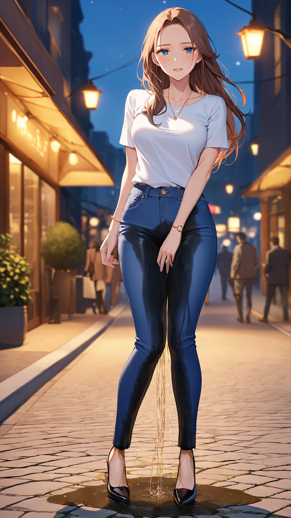 ((best quality, masterpiece:1.3, 8K)), (detailed), highly detailed face and skin texture, detailed eyes, downtown, full body, slender body, 1girl, 25 years old, white skin, blue eyes, bright lips, worried, embarrassed, long hair, (forehead:0.8), (stylish top:1.2), jeans pants, skinny jeans, blue jeans, footwear, peeing jeans, peeing pants, pee stain, (wetting herself:1.5), desperation,