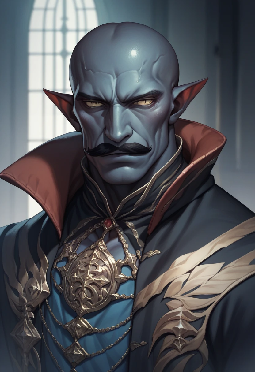 A good looking rakshasa of Indian mythology dark blue skin pointy ear bald head black moustache muscular black eyebrows body dark background