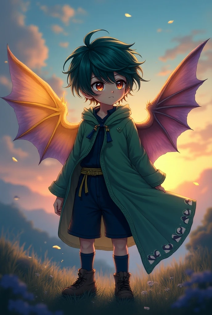 (extremely cute anime Shota, Dragon Attribute Boy, Unique Dragon Horn, Dragon Tail, Dragon Wings), sitting on the bed with open clothes, blinking and smiling, camera details showing skin and clothing details, detailed descriptions on dragon wings, evening home interior decoration, dim yellow soft lighting effects