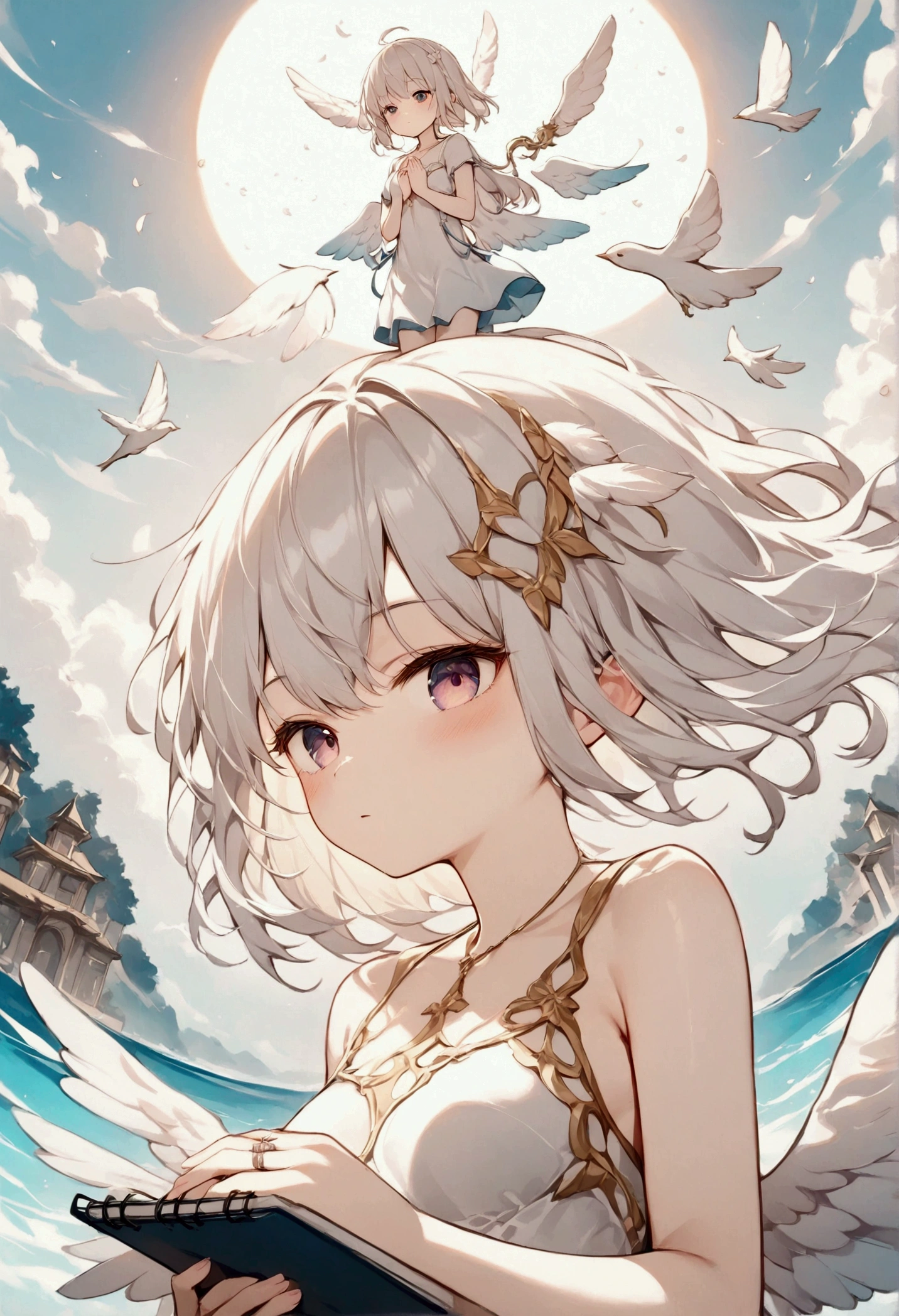 Masterpiece, 8k white dress, Pure white background,  female middle school student , Angel with white feathers on her back ,   white feathers fluttering in the background , Ring of Angels shining overhead , (  subsurface scattering :1.1),（Small breasts）, Sharp focus,Award-winning photo,プロの portrait with notebook in hand写真, ( very detailed background :1.2),( fantasy:1.2),  dramatic lighting , Depict the whole body, extreme posing, Floating in the air,  portrait with notebook in hand, Praying to God,  graph, Artwork,