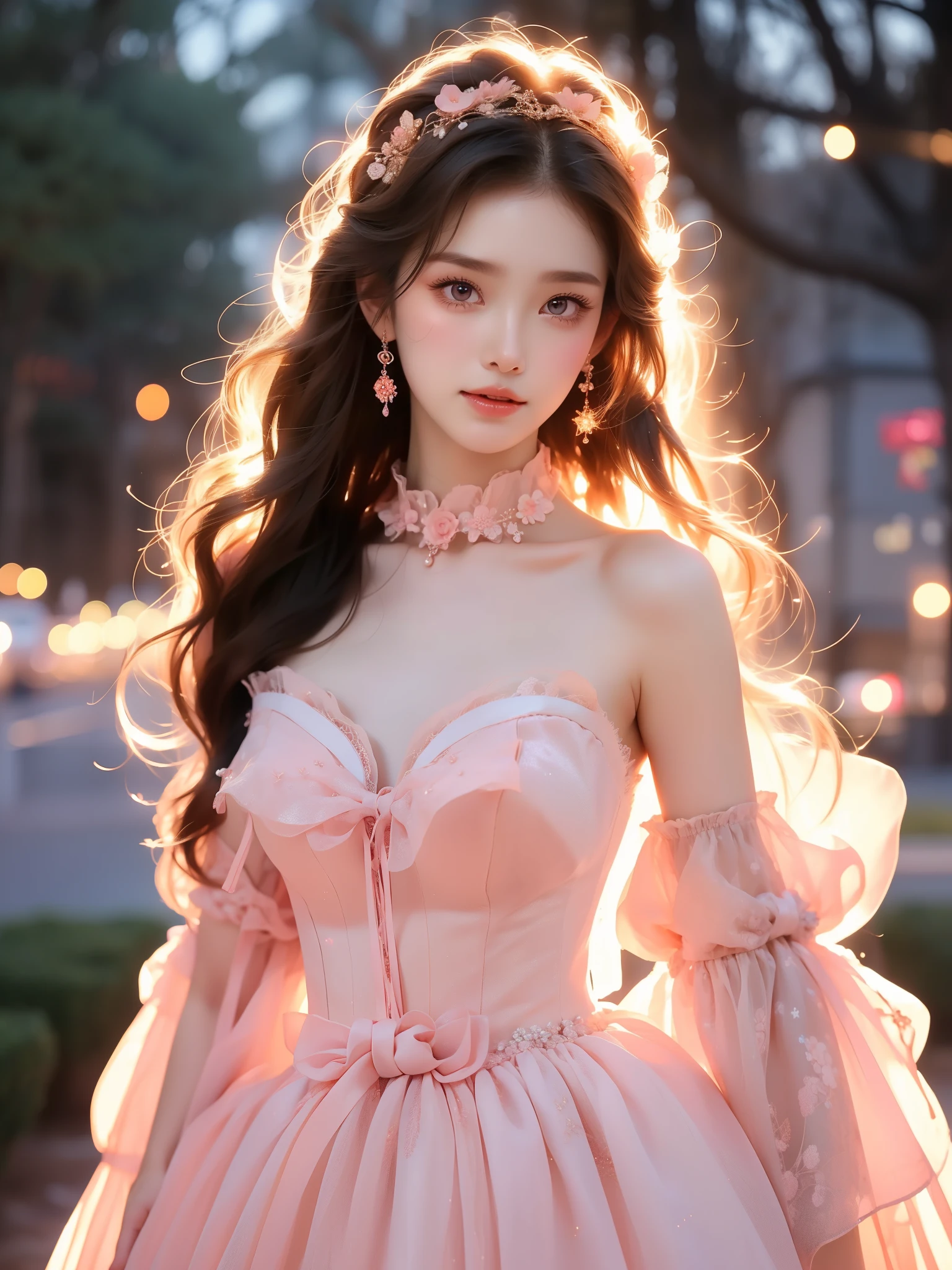 pink dress,pink sleeves, dress bow,layered dress,choker,butterfly wings,hair flower,long dress,, (Asian beauty), ((full body)), ((Natural and elegant posture)), (night, starry sky, space scene), (slim athletic figure: 1.1), (visible cleavage: 0.8), (smooth skin, no deformities: 1.2), relaxed posture, Sexy long legs, The hemlines are short, head tilted, charming smile, hands gently lifted hemline, long shaggy hair flowing, delicate features: (large bright eyes, long eyelashes: 1.1), mouth slightly upturned, expression gentle and confident, (fidelity: 1.1) 1.2), high detail, soft lighting, warm tones