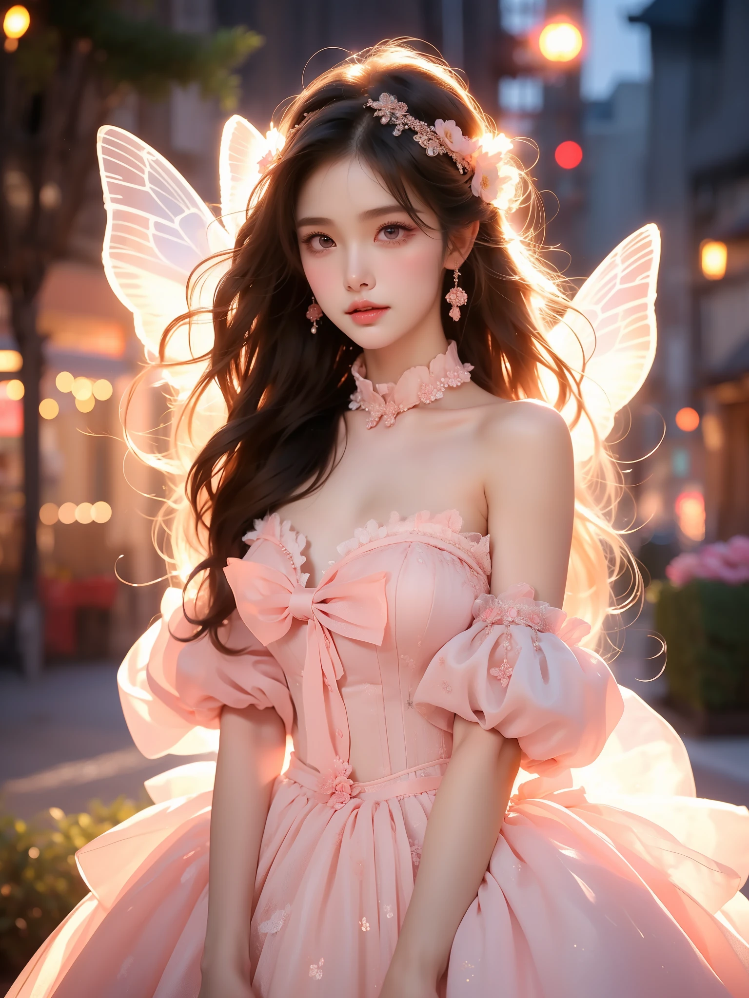 pink dress,pink sleeves, dress bow,layered dress,choker,butterfly wings,hair flower,long dress,, (Asian beauty), ((full body)), ((Natural and elegant posture)), (night, starry sky, space scene), (slim athletic figure: 1.1), (visible cleavage: 0.8), (smooth skin, no deformities: 1.2), relaxed posture, Sexy long legs, The hemlines are short, head tilted, charming smile, hands gently lifted hemline, long shaggy hair flowing, delicate features: (large bright eyes, long eyelashes: 1.1), mouth slightly upturned, expression gentle and confident, (fidelity: 1.1) 1.2), high detail, soft lighting, warm tones