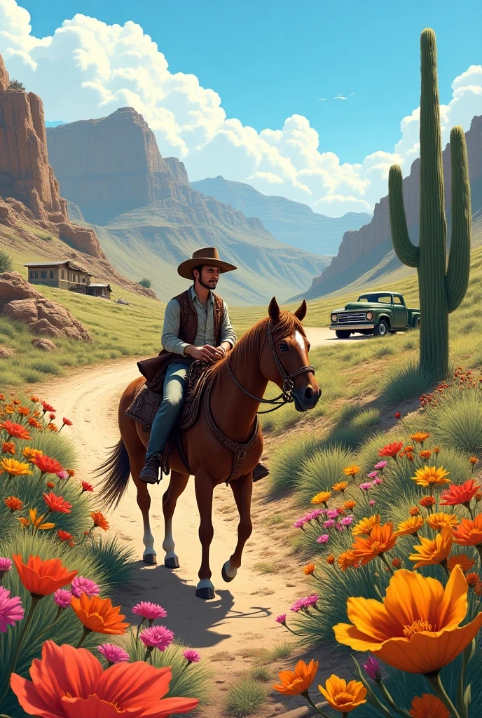 Hyperrealistic comic image with a 50's look, a cowboy riding his horse down the mountain to a cantina on the side of the road