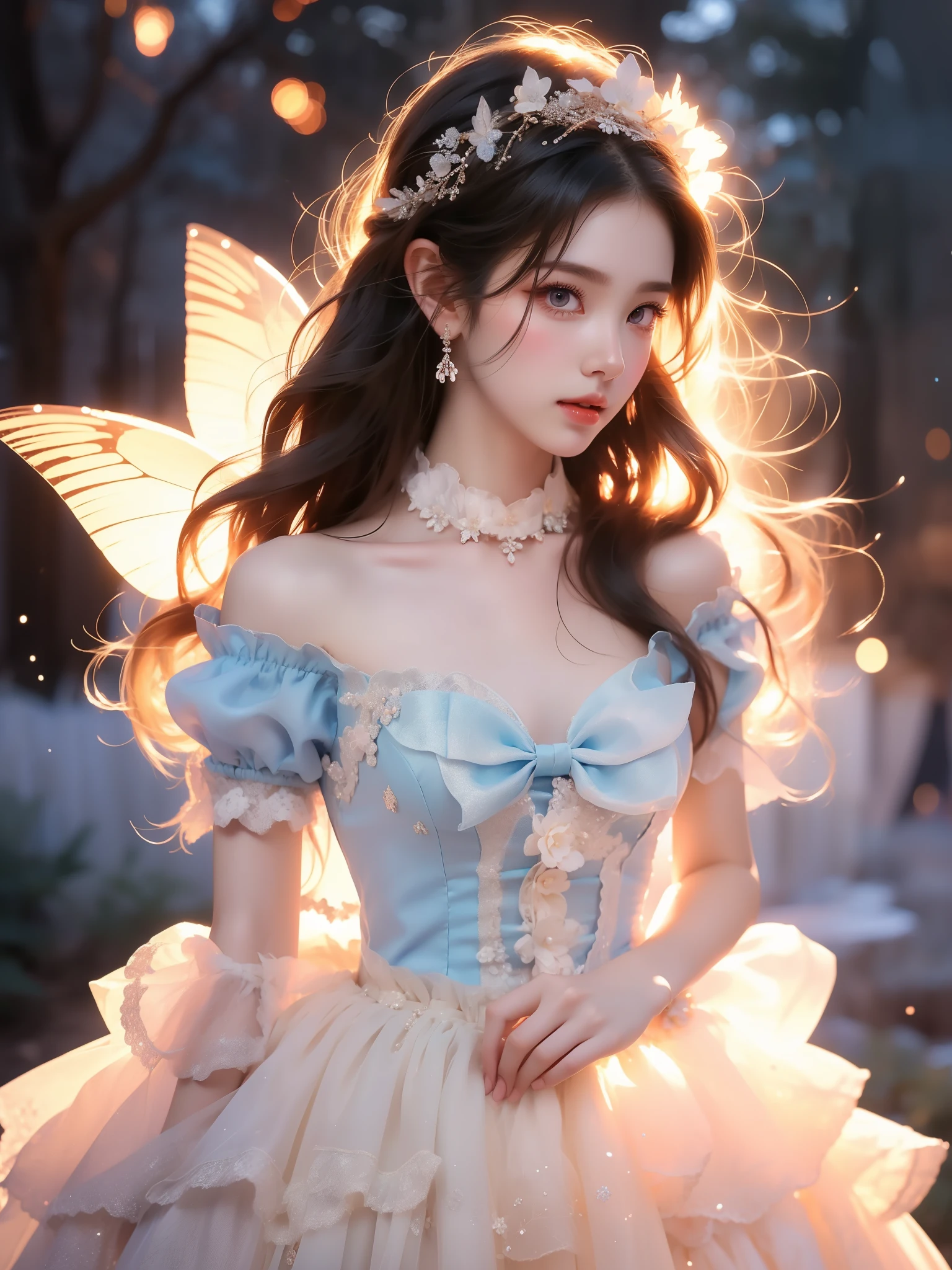 blue dress,blue sleeves, dress bow,layered dress,choker,butterfly wings,hair flower,long dress,, (Asian beauty), ((full body)), ((Natural and elegant posture)), (night, starry sky, space scene), (slim athletic figure: 1.1), (visible cleavage: 0.8), (smooth skin, no deformities: 1.2), relaxed posture, Sexy long legs, The hemlines are short, head tilted, charming smile, hands gently lifted hemline, long shaggy hair flowing, delicate features: (large bright eyes, long eyelashes: 1.1), mouth slightly upturned, expression gentle and confident, (fidelity: 1.1) 1.2), high detail, soft lighting, warm tones