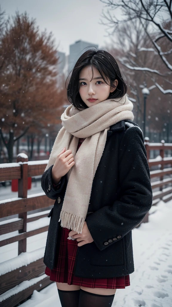 high quality, masterpiece,  super high definition, (Realistic:1.4), Original photo, 1 Girl,  Japanese，Black Hair、Moody Tone, （ high contrast ）、Hair swaying in the wind、Beautiful woman，２0 years old、whole bodyショット、Flared Skirt、 knee-length skirt 、cold、winter，Snow Scene，Snowfall，whitish fluffy coat， Red Check Wool Scarf ，Place your hands on your chest、Detailed depiction of the hand、 short hair、whole body、Red checked scarf、Don&#39;t look at me、Looking into the distance、（profile）、Asahi、sunlight、Light and Dark