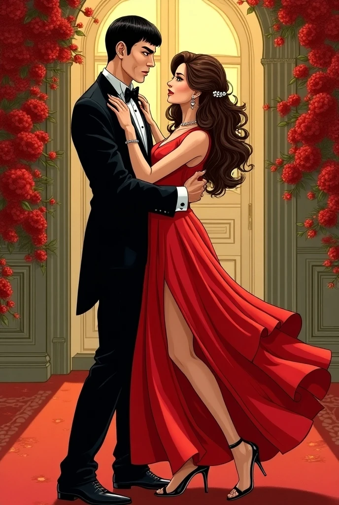 A couple hugging. A woman with long black hair and gray eyes (dressed in a red dress).

The man with short blond hair and a tattoo of a rose and others on his neck (dressed in black suit.) is him looking at her