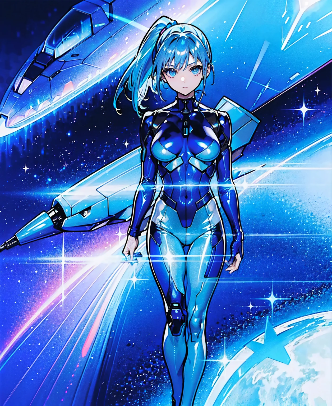 ((Holographic glow effect))、Blue Hair、Masterpiece、 Best Quality、1 person、Medium breast、(( album cover ))、 light on face、 slim body、Blue Costume、Exoskeleton、Metal Gear、 cyberpunk style、 ponytail、Gundam Pilot、attention arousal，Ride a fighter jet 