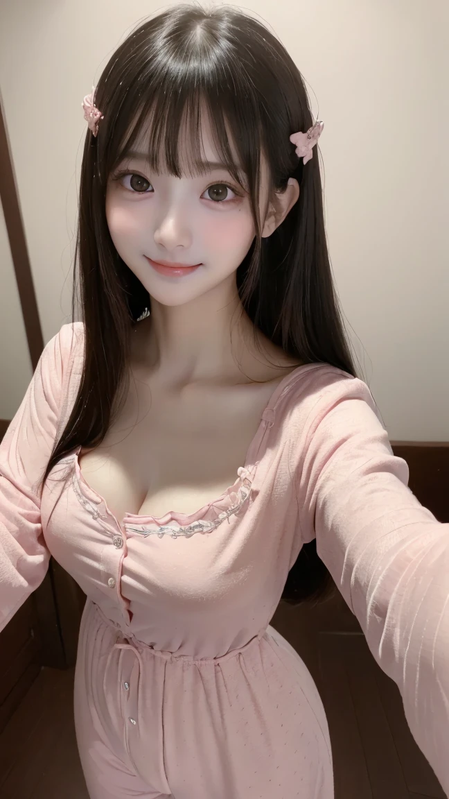 (baby face:1.8)、(Selfie:1.5)、( pink pajamas:1.5)、 emphasizes cleavage 、(8k, RAW Photos,  best quality , masterpiece:1.45), (Genuine, photoGenuineistic、photoGenuineistic:1.37), 一人のgirl、cute、darkness、Wet、  professional lighting、  Photon Mapping  、  physics-based rendering  、 グラデーションのBlack Hair 、frizzy hair 、Good Looking、girl、  best quality  photos, high res, (cute face), (Detailed description of the face)、(Detailed hand description), (masterpiece), (Detailed CG), Extreme light and darkness, masterpiece, Rich details, (  Detailed Facial Features), ( best quality の紴), (masterpiece), (  beautiful eyes), I can see the camera , Thin clavicle, (Condescending smile)、 highly detailed face,Lip details,  beautiful eyes、double eyelid、韓国人のgirl:1.8、No makeup、Upper body image、 Black Hair 、Genuineの人間