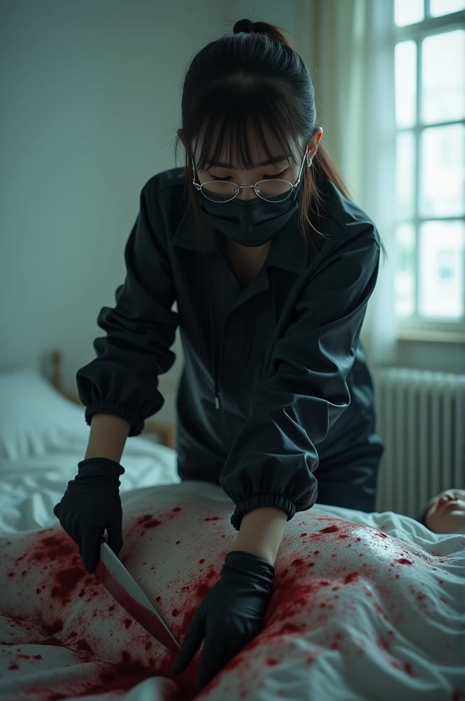 korean girl, (behind corpse, surgical mask), holding knife, stabbing, black gloves, woman on top, room full of blood, black raincoat, trucker hat, holding knife, black gloves, behind corpse, blood splatter, very long hair, night, mass murderer, robbery, in the hotel, light from the window
