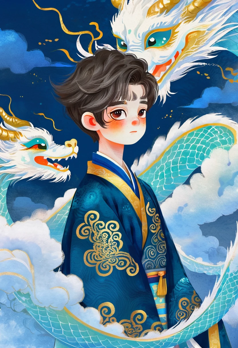 Hand-drawn style：粗糙的Texture，1 boy，Fluffy short hair，Big eyes。，Hanfu，cloud，dragon，Beautiful details，Texture，Blue and Gold