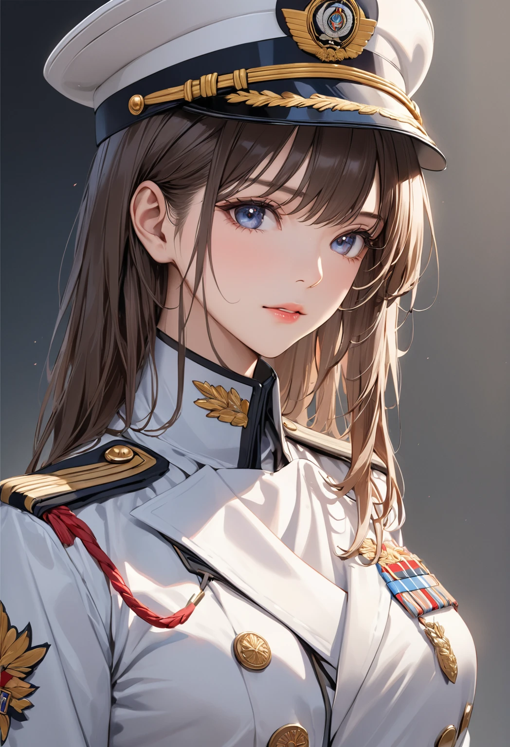  young beautiful woman,(Best Quality,Very detailed depiction, Incredible High Resolution , Anatomically Accurate Depiction ,High quality anime drawings),(Female admiral),(Blue and white military uniform,Admiral&#39;s Uniform, wearing sunglasses on her head),(Purple Eyes,Eyes half closed:1.2,Cute charm , happy smile :1.2, it's opening its mouth, Pottery Skin ,),(Full body image:1.3),Purple light,Navy Headquarters 