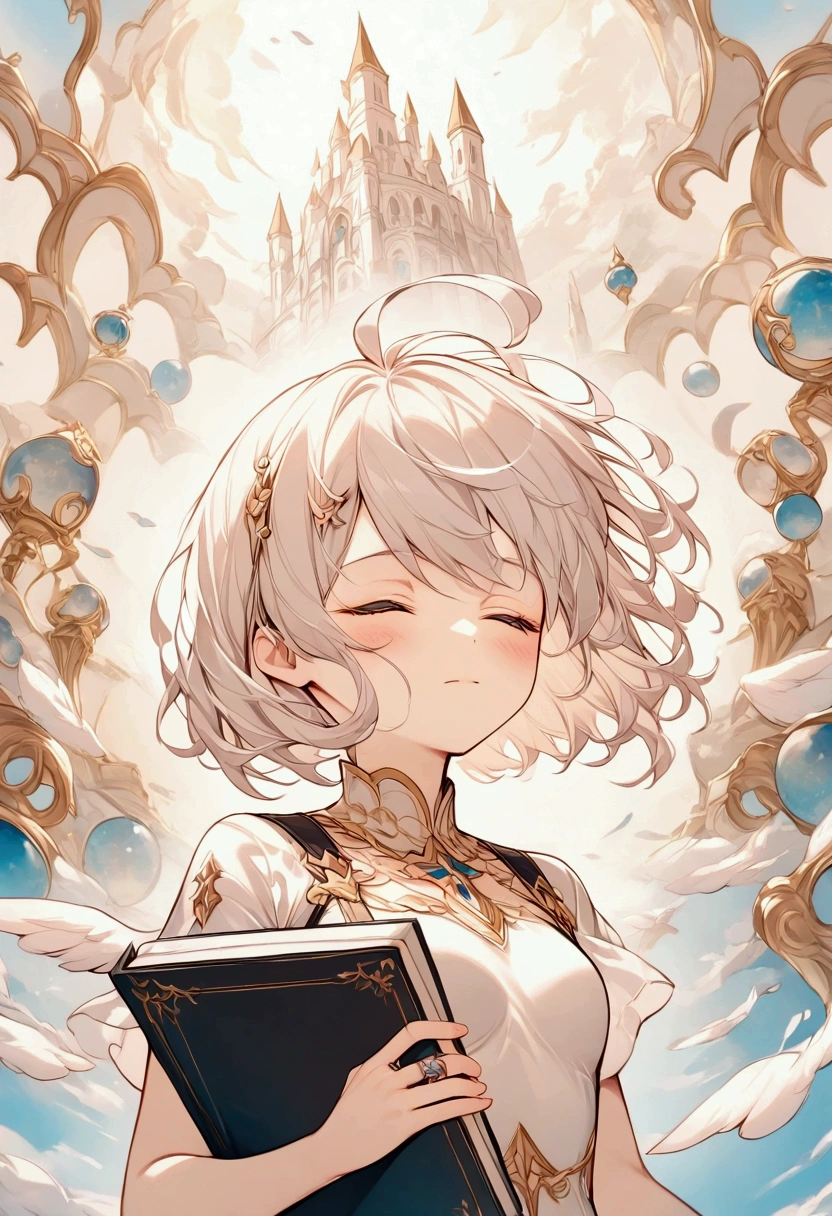 Masterpiece, 8k white dress, Pure white background,  female  ,  1 girl, Angel with white feathers on her back ,   white feathers fluttering in the background , Ring of Angels shining overhead , (  subsurface scattering :1.1),（Small breasts）, Sharp focus,プロの portrait with notebook in hand, ( very detailed background :1.2),( fantasy:1.2),  DRAMATIC LIGHTING , Depict the whole body, extreme posing, Floating in the air,  portrait with notebook in hand, Praying to God,  Close your eyes and pray in the air, graph, Artwork,