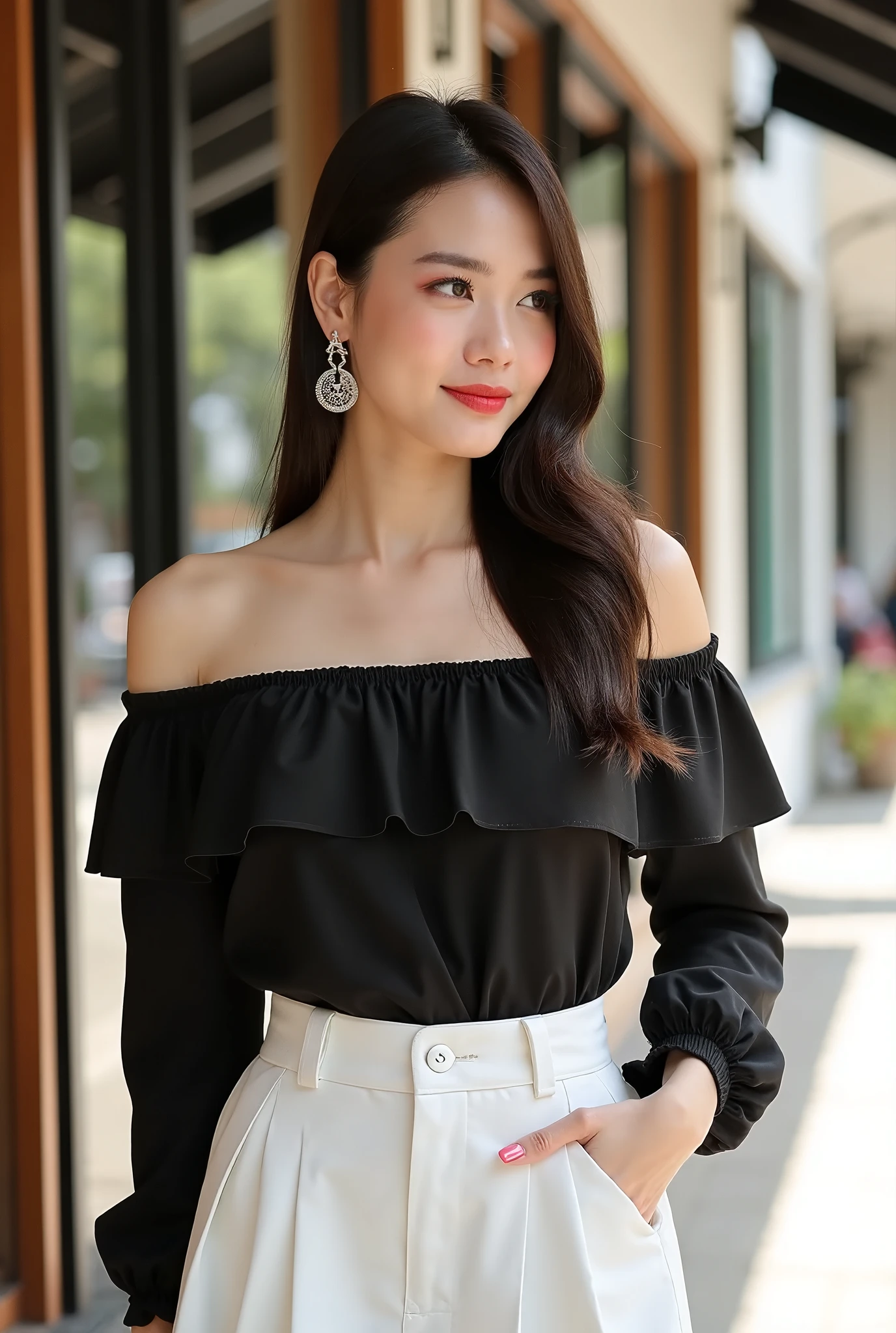 photography, model shoot, cowboy shot of a woman wearing a black off shoulder shirt and white skirt standing outside a cafe, she is posing, she has pretty lipstick, bright color, outdoor