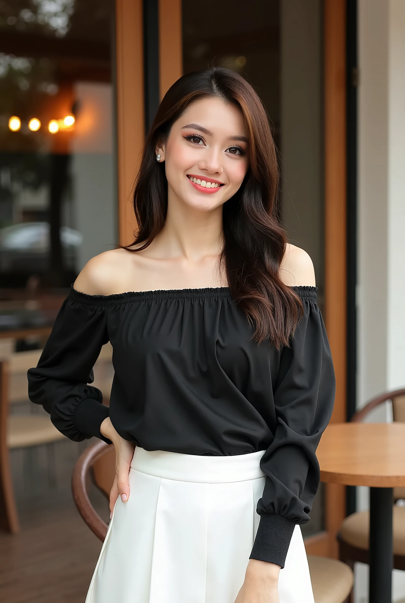 photography, model shoot, cowboy shot of a woman wearing a black off shoulder shirt and white skirt standing outside a cafe, she is posing, she has pretty lipstick, bright color, outdoor