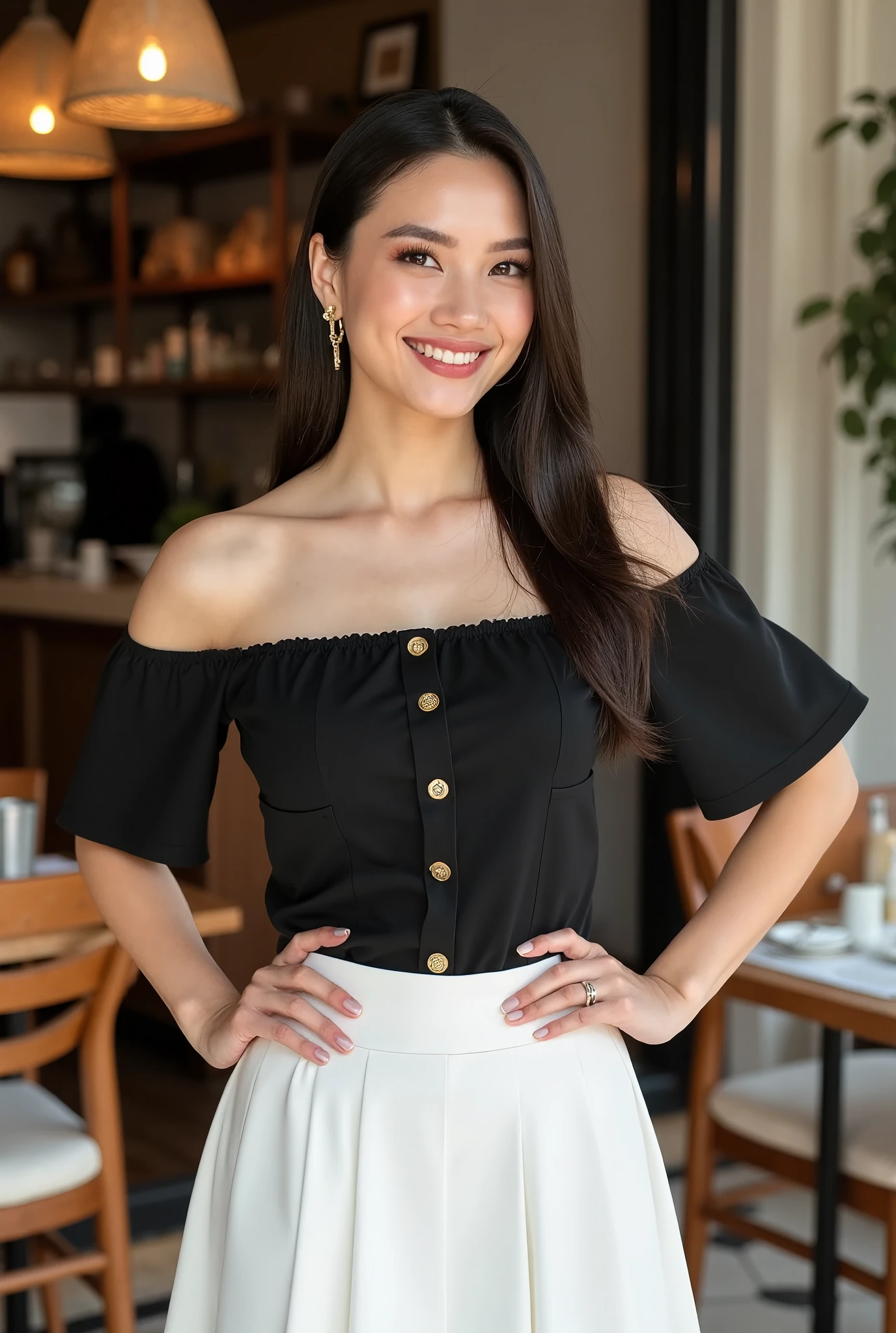 photography, model shoot, cowboy shot of a woman wearing a black off shoulder shirt and white skirt standing outside a cafe, she is posing, she has pretty lipstick, she is smiling, bright color, day light