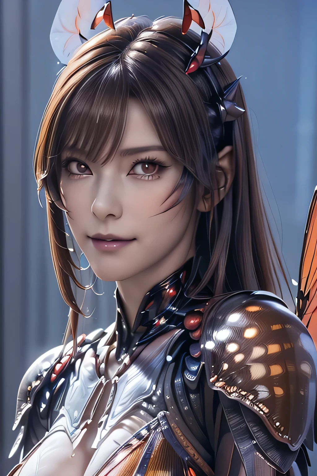 (high resolution,masterpiece,best quality,extremely detailed CG, anime, official art:1.4), realistic, photo, amazing fine details, all intricate, gloss and shiny,awesome many layers, 8k wall paper, 3d, sketch, kawaii, illustration,( solo:1.4), perfect female proportion,villainess, (fusion of dark brown cockroach and lady:1.4), (brown cockroach form lady:1.2), (brown cockroach lady:1.2), (fusion:1.2), (solo:1.4), (evil smile:1.2), muscular, abs, (cockroach brown exoskeleton bio insect suit:1.4), (cockroach brown exoskeleton bio insect armor:1.2), (brown transparency cockroach wing:1.4), (brown cockroach antennae:1.3),