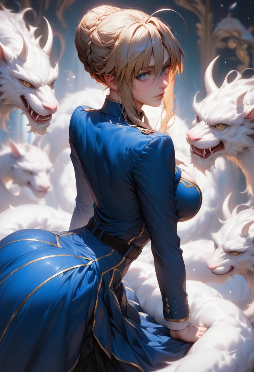 a close up of a person in a blue suit with a belt, thicc, , bending over, artoria pendragon, lit from behind, fully - clothed!!!, (sfw) safe for work, white cheeks, annie leonhart, li in dress, insanely inflated hips, breasts covered and sfw, fluffy chest
