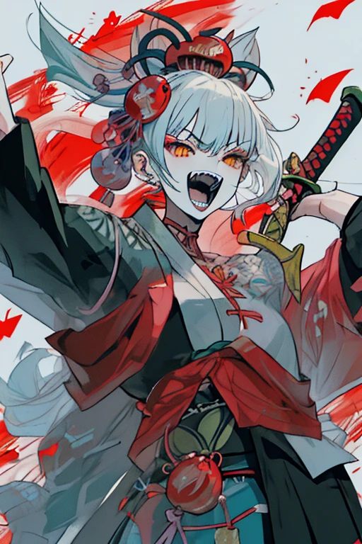 best quality,ultra detailed,extremely detailed and beautiful,perfect anatomy,perfect hands,(1 girl,solo)++++,heart-shaped boob challenge, (Nakiri Ayame)+++,red eyes,white hair,hair bell ,long hair,oni horns,(katana)+, japanese clothes,kimono,kouhaku nawa,shimenawa ,( off shoulder)+++,INK SPLASH, withLora(INK_SPLASH,0.3)