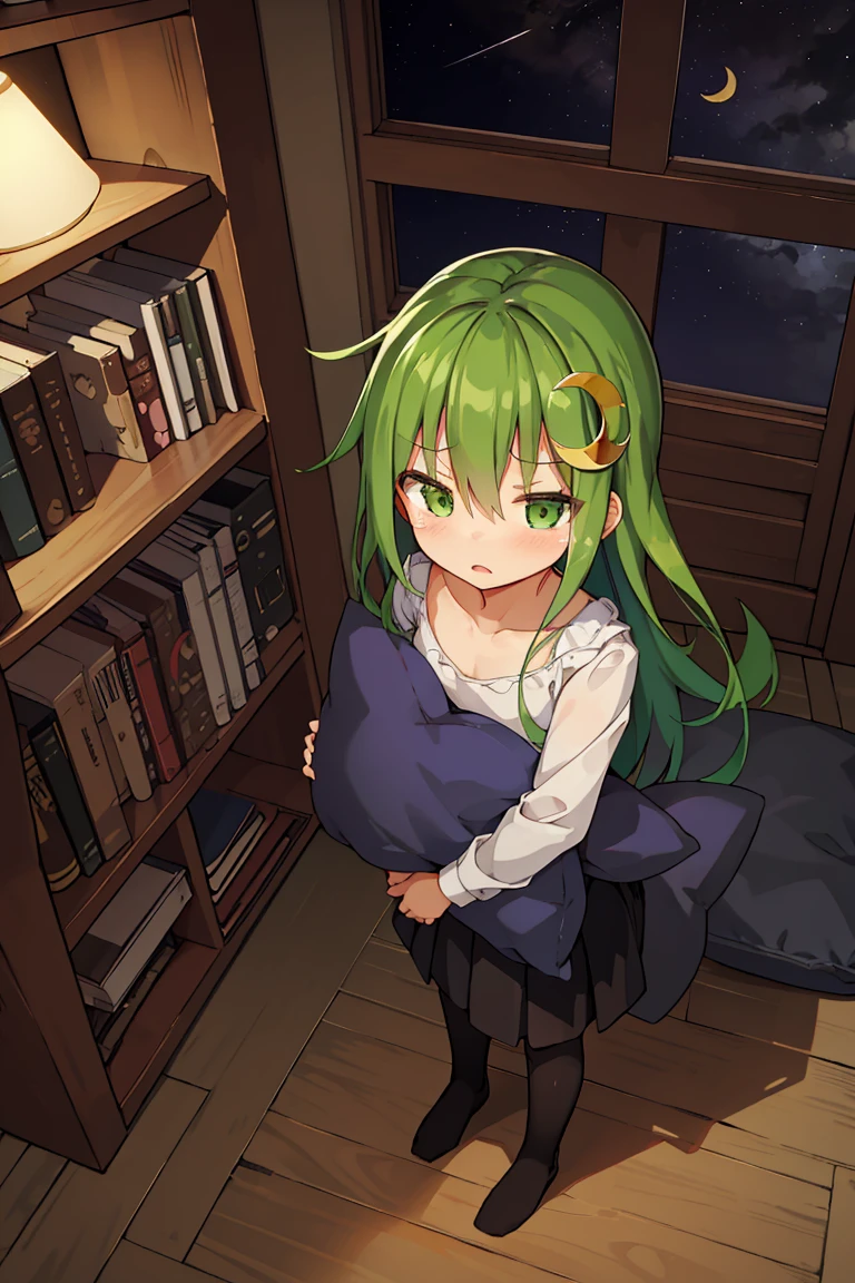 Portrait, official art, best masterpiece, best quality, best resolution, 8K, best detailed, perfect anatomy, From above
BREAK
standing, (hugging a pillow:1.3), Looking up
BREAK
green hair, long hair, green eyes, hair ornament , (crescent moon hair piece)
, (flat chest:1.3), (1small girl, little_girl, short stature:1.4)
BREAK
serious face, shy, tears, close your mouth
BREAK
bedroom, (night, midnight, darkness:1.3), very fine and detailed 16KCG wallpapers