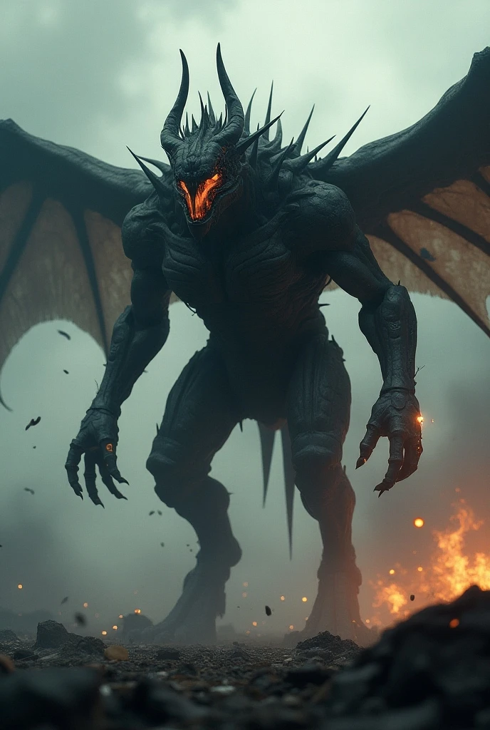 {{A ((menacing)) depiction of {((a massive winged monster))}} with {((sharp claws and terrifying features, emerging from a volcano in a powerful ascent, wings spread wide as it rises from the fiery crater))}}. This is a {((apocalyptic and horror))}-inspired image that showcases {((the monster's fierce power and the impending threat it poses))}}. The environment/background should be {((a volcanic eruption with molten lava and ash spewing into the sky, casting an ominous glow over the scene, with a city below, dwarfed by the scale of the monster and the volcano))}} to create an {((atmosphere of dread and destruction))}}. The image should be in the style of a {((high-resolution digital illustration))}}, incorporating elements of {((epic monster horror and catastrophic scenarios))}}. The {((frontal, wide-angle shot))}}, captured with a {((35mm lens))}}, will provide a {((dramatic and direct perspective of the monster's emergence))}}. The lighting should be {((dark and fiery, with the glow of the lava illuminating the monster's wings and casting shadows over the city below))}}, emphasizing {((the terrifying scale of the creature and the devastation it brings))}}. The desired level of detail is {((highly realistic and defined))}} with a {((4K resolution))}} resolution, highlighting {((the intricate textures of the monster's wings, the volcanic eruption, and the city in peril))}}. The goal is to create a {((chilling and powerful))}} image that captivates viewers with its {((epic horror and sense of impending doom))}}.