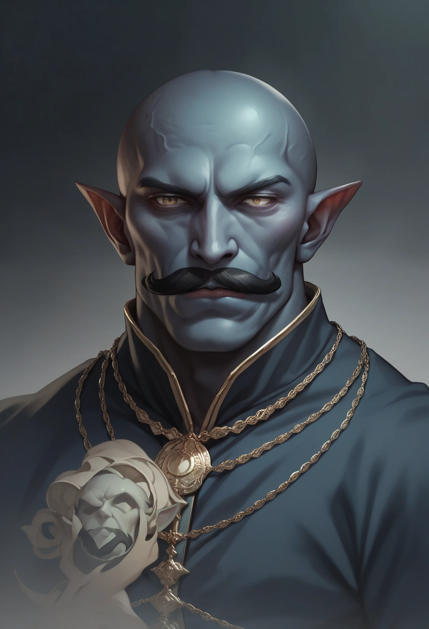 A good looking rakshasa of Indian mythology dark blue skin pointy ear bald head black moustache muscular black eyebrows body dark background