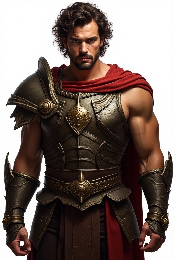 A man looking from the front ,  if possible do it in png so that he has no background , He must be brown and curly haired but not so tight and black , his brown eyes ,  and his other clothing that is like an ancient war but does not wear the Roman style can be an armor similar to that of the angels in the game Diablo 3,  Don&#39;t put a beard on him
