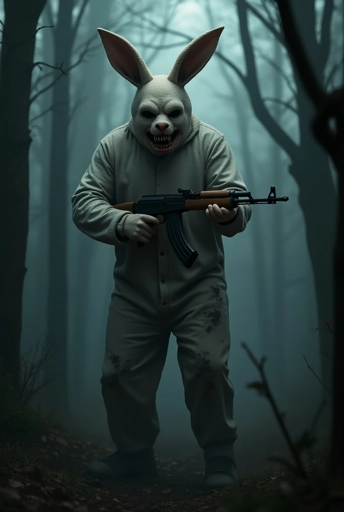 lizoldBS_soul3142, 1 male, furry White bloody rabbit mask with creepy smile and yellow bloody teeth, completely Black torn hoodie, sitting on the pile of bodies in the woods at night, moon light, steampunk, dystopia, ethereal, detailed, masterpiece, best quality, dramatic lighting, full body, torn Black pants, blood stains, walking to camera, holding ritual knife in the right hand, massacre in the background, chains in left hand, horror