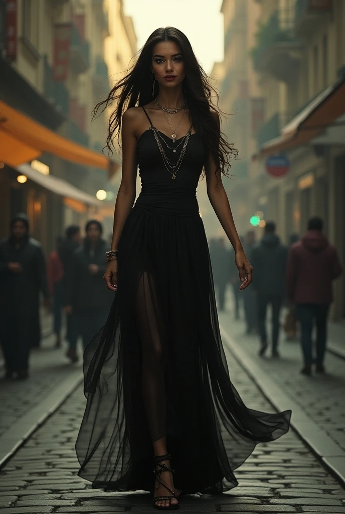 woman, long straight black hair, big bust, yellow dress, black stockings, black and white silhouette image, looking at the camera, photorealistic