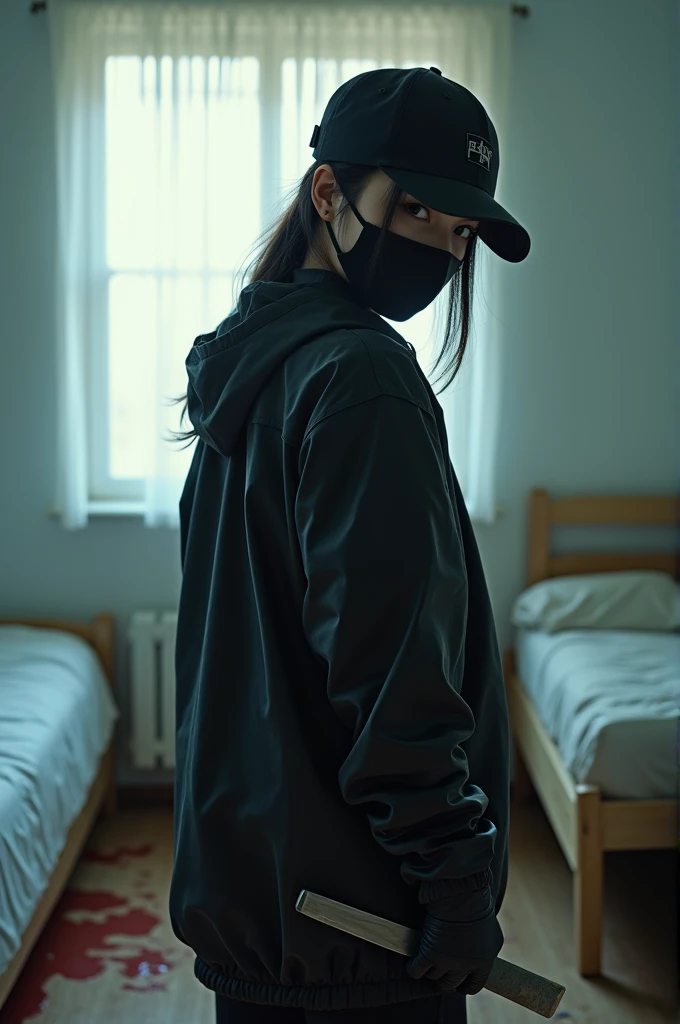 korean girl, (behind stiff, holding knife), stabbing, black surgical mask, black gloves, black raincoat, trucker hat, holding knife, black gloves, woman on top, behind cadaver, blood splatter, , mass murderer, killer, low ponytail, blood splatter, dark atmosphere, cinematic lighting, atmospheric realistic, light from the window,
