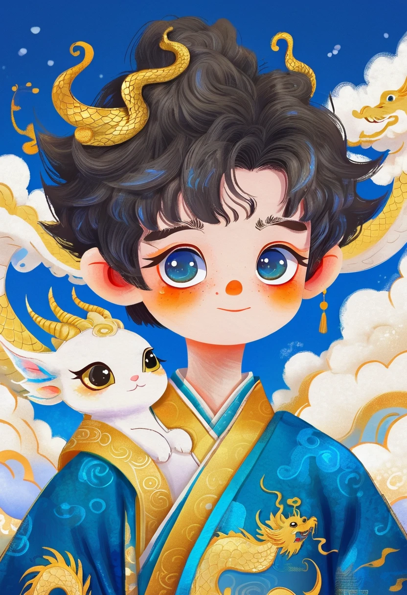 Hand-drawn style：粗糙的Texture，1 cute cartoon boy，Fluffy short hair，Big eyes。，Hanfu，cloud，dragon，Beautiful details，Texture，Blue and Gold