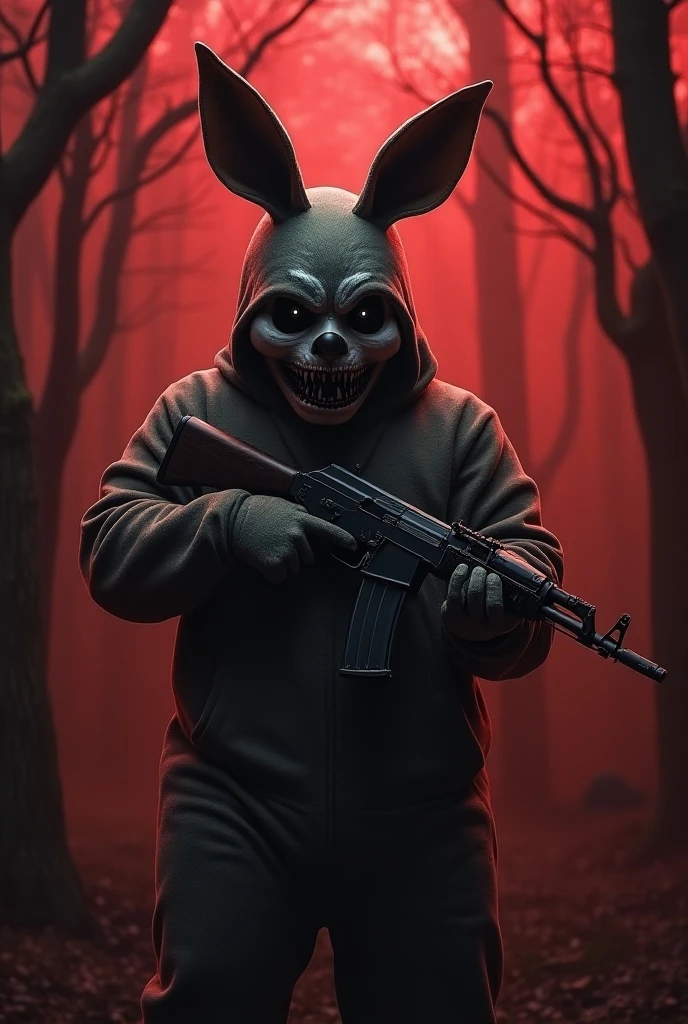 Evil , zombie, easter bunny, horror in a dark forest surrounded by easter eggs