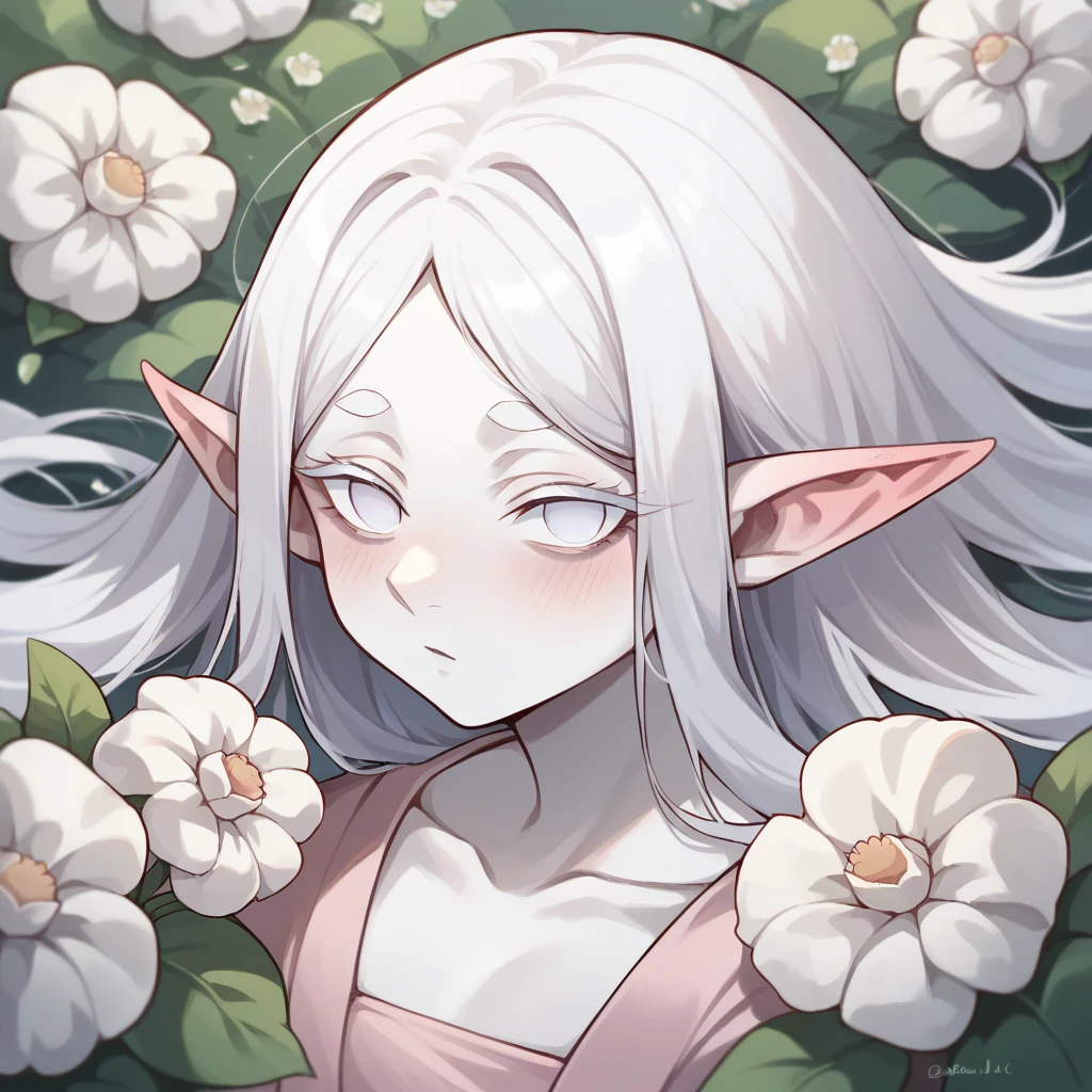 1girl, Solo, Looking At Viewer, Absurdly Long Hair, White Hair, Long Pointy Ears, Pale Skin, Albino, Pink redish Eyes, No Pupils, Blush, Fairy, Fae, White Flowers On Skin, White and Pink Kimono, Flowers Growing In Skin, 