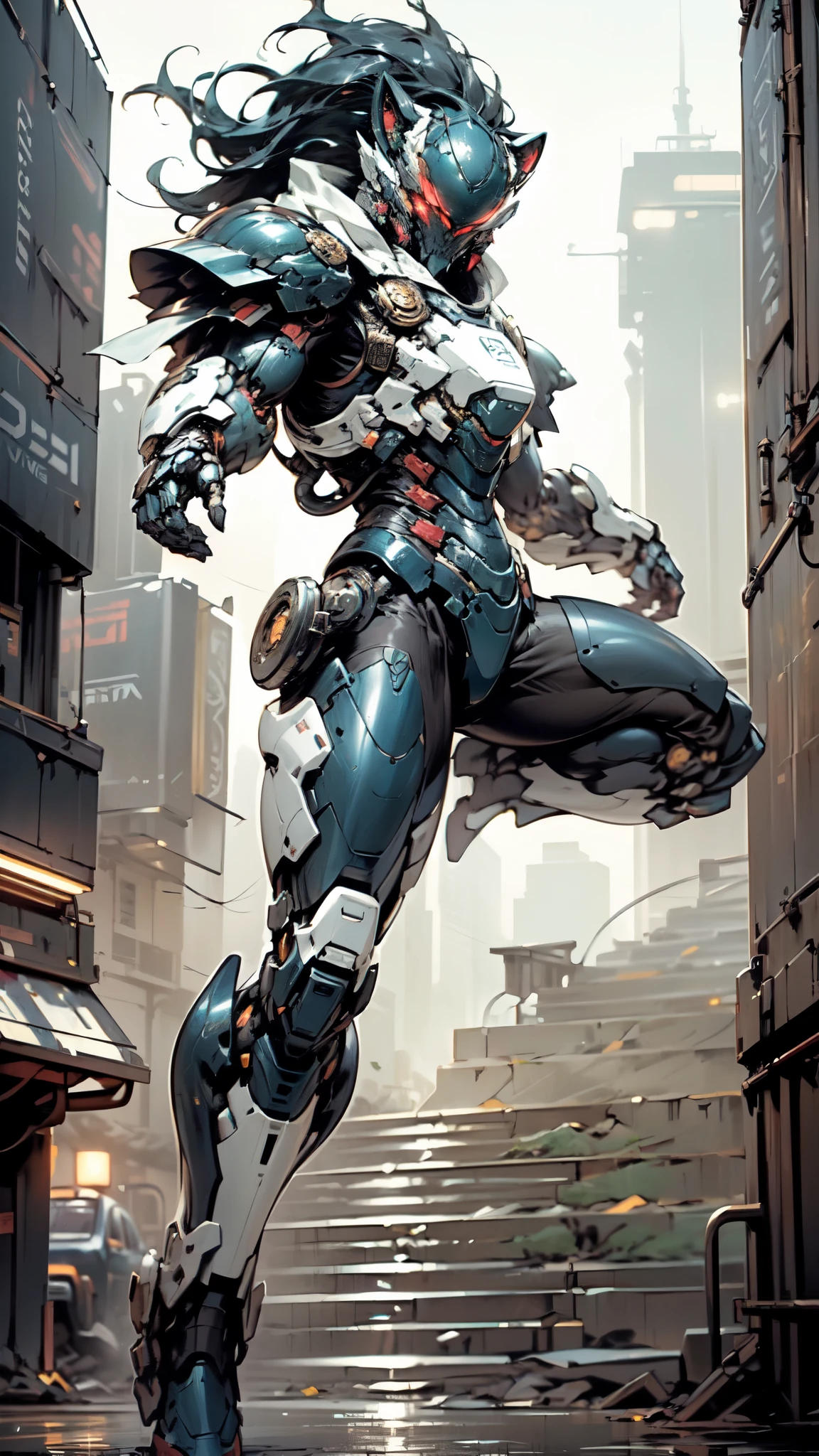 (masterpiece:1.5, best quality:1.5, extremely delicate:1.5, foreshortening:1.5, dynamic angle:1.5), ((male:1.5)), Biomimetic humanoid Mecha, green eyes, fully enclosed shoulder guards, matching arm and leg guards, gemstone, full body, full armor, the design balances heavy with agility, organic biotech armor, (the color scheme is primarily White with Blue and Red accents, concept Inspired by Lion, glowing eyes, the armor glows), standing, floating high above the futuristic sci-fi city, a finely crafted Super robot in anime style, exquisite and mature art style, metallic, dramatic, high definition, highres, ultra-detailed, ultra-fine painting, professional, anatomically correct, symmetrical face, extremely detailed eyes and face, high quality eyes, creativity, RAW photo, UHD, 32k, Natural light, cinematic lighting, (masterpiece-anatomy-perfect:1.2)