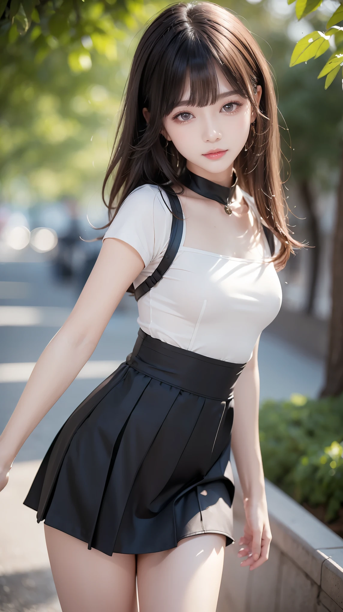 (Best Quality,masterpiece:1.3, super high definition),(Super detailed, caustics ,8k),(Realistic:1.4,RAW shooting), 1 girl,(Smiling and looking down at the camera),( front shot:1.1),(Look forward),18 years old,,Young Facanese,short black ponytail,  school uniform , slender body line , glamorous,(big),( close),(Beautiful breasts,Bust Emphasis),street,Sunshine,Natural Light,(Backlight),( a bright light shines from behind),( lens flare),  professional lighting ,( cowboy shots),(Low position:1.2),(Low angle:1.2),( detailed eyes and faces that resist tentacles:1.2, Professional photography),(Small and slender figure),( toned waist ),Beautiful small face, beautiful eyes,double eyelid,High nose,Moisturizing Lips,Natural Lip Gloss