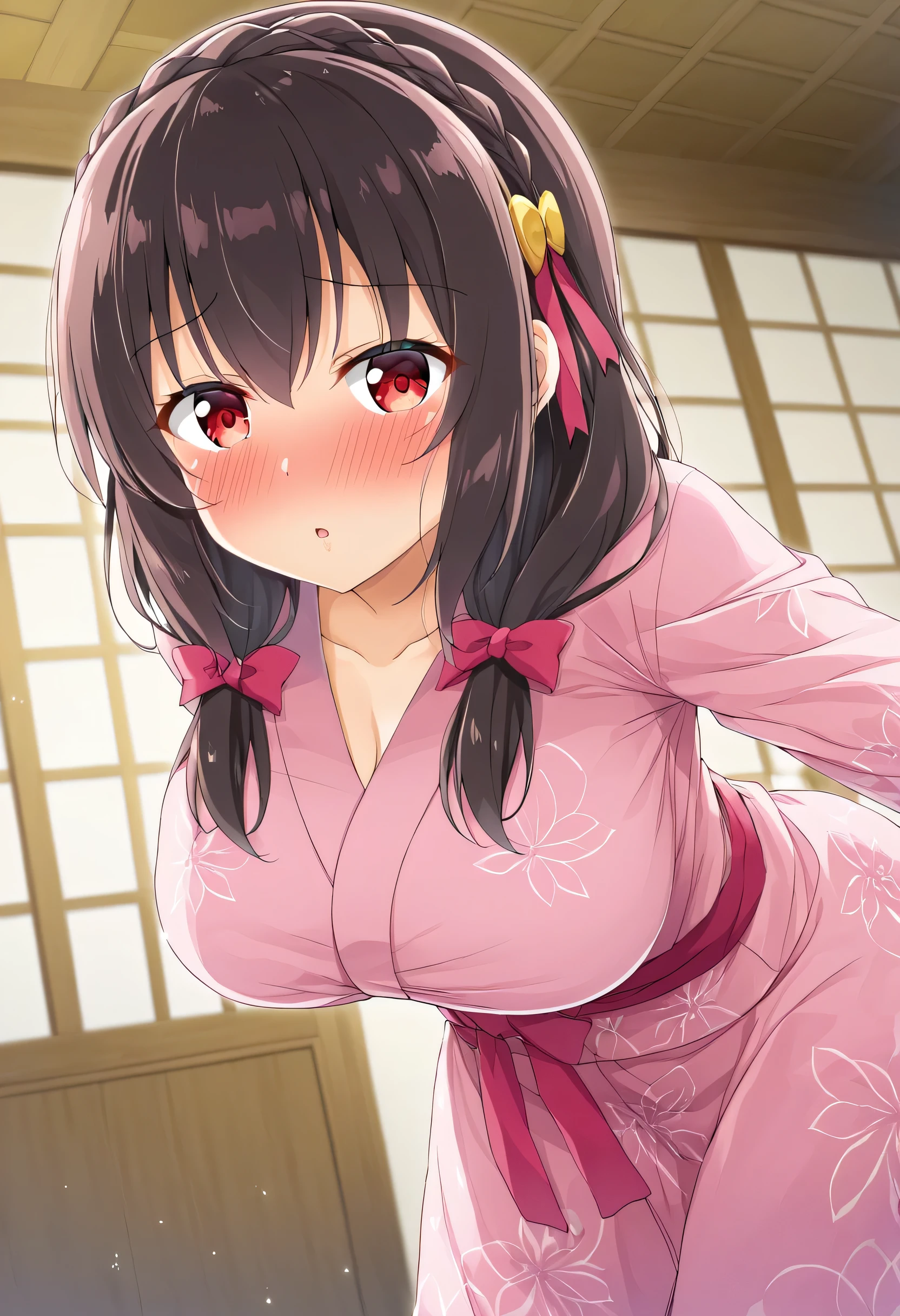 yunyun、masterpiece,Best Quality,  High Resolution ,One person, Yunyun、 crown braid the same color as my hair, Black Hair、Red eyes、 hair accessories , Hair Ribbon, Pink Yukata, (四つん這い:1.4)、(She has big breasts)、( Close Your Eyes )、(blush:1.3)、indoor、(♥)、heart、(Close your eyes and kiss the viewer)、(四つん這い:1.6)、(Leaning forward)、View the viewer、View from below